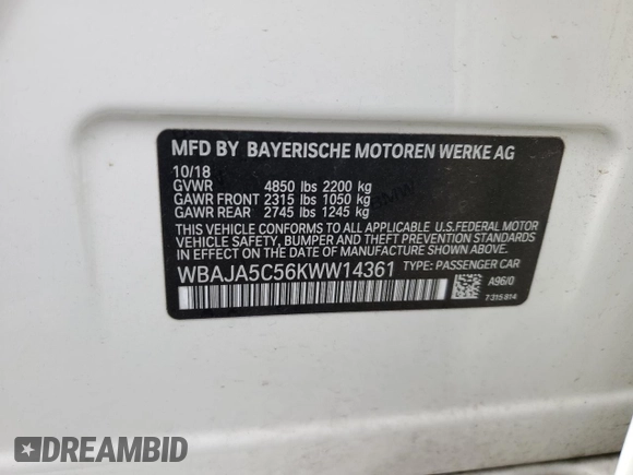 2019 BMW 5 Series 530i z VIN WBAJA5C56KWW14361, wystawiony jako Copart lot #56403635 z przebiegiem 123 182 mil mil oraz Szkoda całkowita • Salvage title. Historia ofert i sprzedaży dostępna na DreamBid. Obrazek 12.