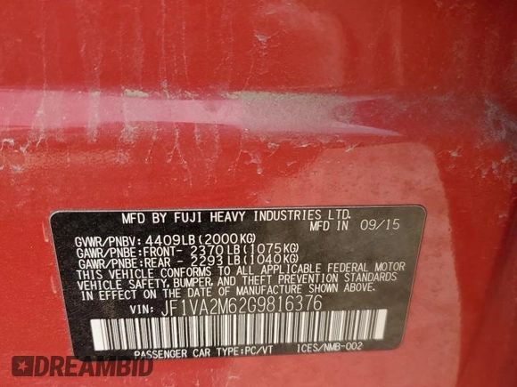 2016 Subaru WRX STI с VIN JF1VA2M62G9816376, выставлен на аукционе Copart как лот 57463645 с пробегом 81 830 миль миль и Списание • Salvage title. История ставок и продаж доступна на DreamBid. Изображение 12.