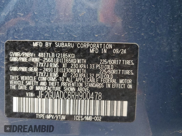2024 Subaru Crosstrek Premium с VIN JF2GUADC8RH900478, выставлен на аукционе Copart как лот 54144475 с пробегом 3 128 миль миль и Списание • Salvage title. История ставок и продаж доступна на DreamBid. Изображение 14.