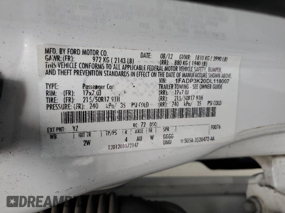 2013 Ford Focus SE with VIN 1FADP3K20DL118007, listed as a Copart auction lot 52184605 with 153,033 mi miles and Salvage Title. Bid and sale history available at DreamBid. Image 12.