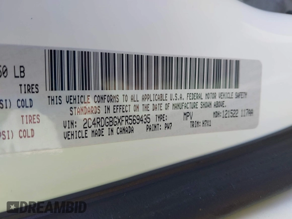 2015 Dodge Grand Caravan SE with VIN 2C4RDGBGXFR569435, listed as a IAAI auction lot 42057084 with 160,058 mi miles and . Bid and sale history available at DreamBid. Image 9.