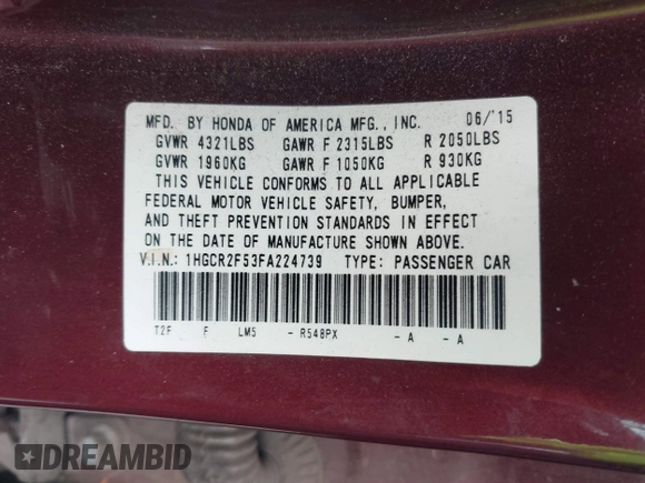 2015 Honda Accord Sport with VIN 1HGCR2F53FA224739, listed as a IAAI auction lot 42064396 with 90,154 mi miles and . Bid and sale history available at DreamBid. Image 9.