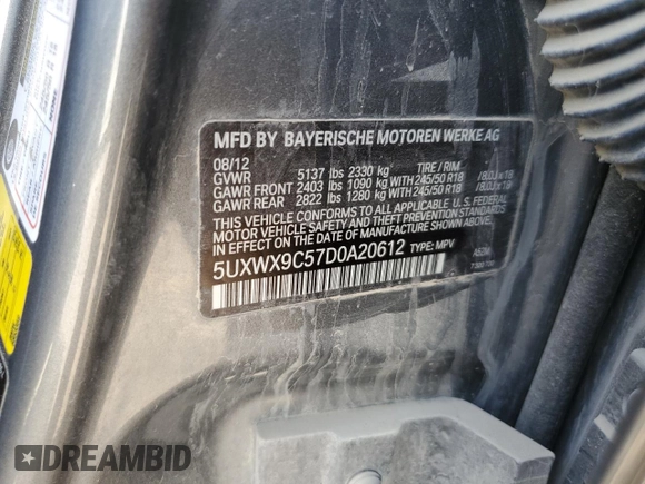 2013 BMW X3 xDrive28i with VIN 5UXWX9C57D0A20612, listed as a Copart auction lot 52385895 with 146,257 mi miles and Salvage Title. Bid and sale history available at DreamBid. Image 13.