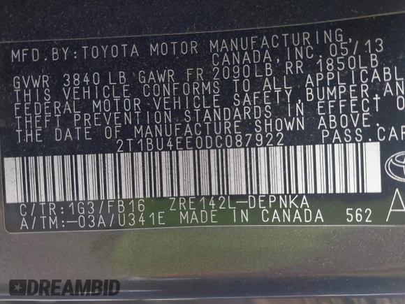 2013 Toyota Corolla L with VIN 2T1BU4EE0DC087922, listed as a IAAI auction lot 41982372 with 278,366 mi miles and . Bid and sale history available at DreamBid. Image 9.