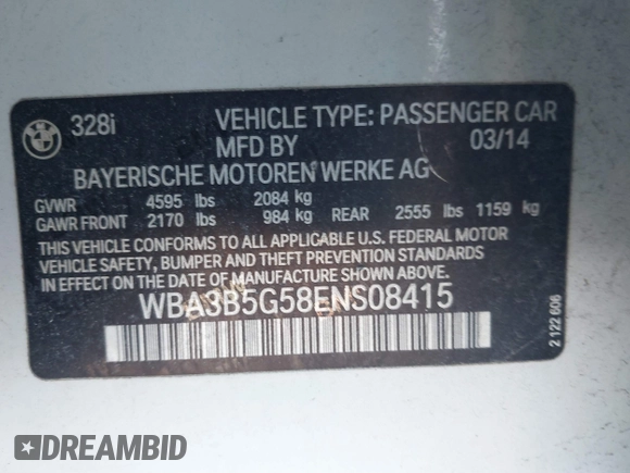 2014 BMW 3 Series 328i xDrive with VIN WBA3B5G58ENS08415, listed as a IAAI auction lot 41642668 with 51,563 mi miles and . Bid and sale history available at DreamBid. Image 9.