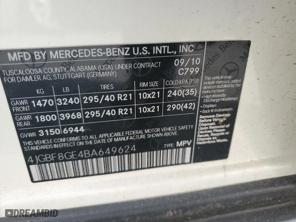 2011 Mercedes-Benz GL-Class GL 550 with VIN 4JGBF8GE4BA649624, listed as a Copart auction lot 45189495 with 92,787 mi miles and Salvage Title. Bid and sale history available at carsss.com. Image 14.