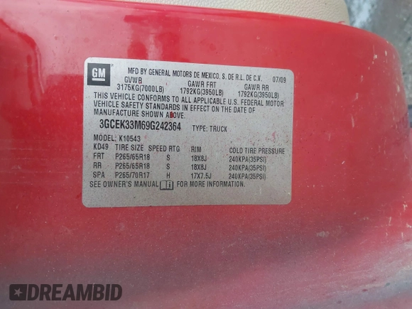 2009 Chevrolet Silverado 1500 LTZ with VIN 3GCEK33M69G242364, listed as a IAAI auction lot 40750344 with Not Provided miles and . Bid and sale history available at DreamBid. Image 9.