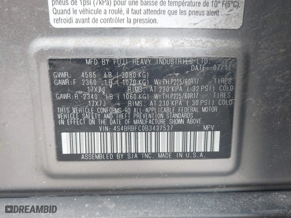 2011 Subaru Outback 2.5i Prem AWP/HK Aud with VIN 4S4BRBFC0B3437537, listed as a IAAI auction lot 41654459 with 179,297 mi miles. Bid and sale history available at carsss.com. Image 9.