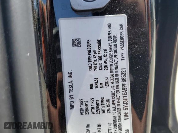 2023 Tesla Model 3 z VIN 5YJ3E1EA9PF665321, wystawiony jako Copart lot #59938995 z przebiegiem 60 679 mil mil oraz Szkoda całkowita • Salvage title. Historia ofert i sprzedaży dostępna na DreamBid. Obrazek 12.