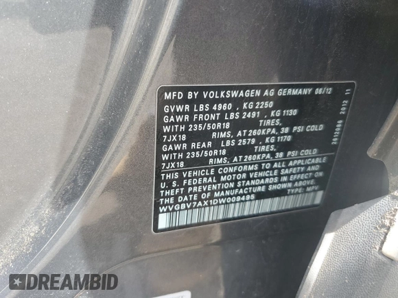 2013 Volkswagen Tiguan SE with VIN WVGBV7AX1DW009495, listed as a Copart auction lot 62289675 with Not provided miles and Salvage title. Bid and sale history available at DreamBid. Image 12.