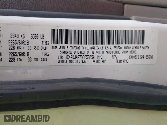 2013 Dodge Durango SXT with VIN 1C4RDJAG7DC659050, listed as a IAAI auction lot 42637236 with 162,458 mi miles and . Bid and sale history available at DreamBid. Image 9.