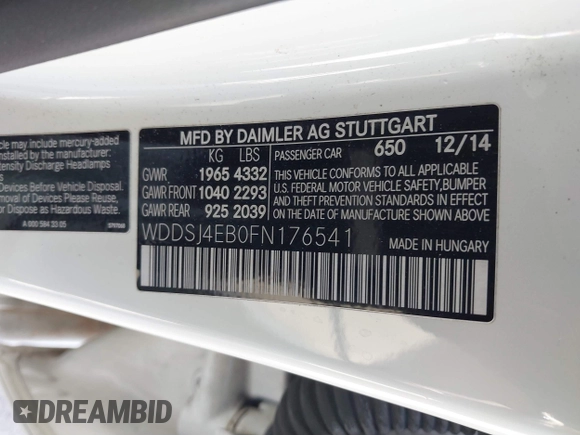 2015 Mercedes-Benz CLA 250 with VIN WDDSJ4EB0FN176541, listed as a IAAI auction lot 41870633 with 105,977 mi miles and . Bid and sale history available at DreamBid. Image 9.