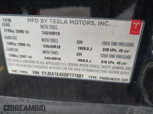 2016 Tesla Model S 90D z VIN 5YJSA1E4XGF171681, wystawiony jako IAAI lot #41836005 z przebiegiem 81 063 mil mil oraz . Historia ofert i sprzedaży dostępna na DreamBid. Obrazek 9.