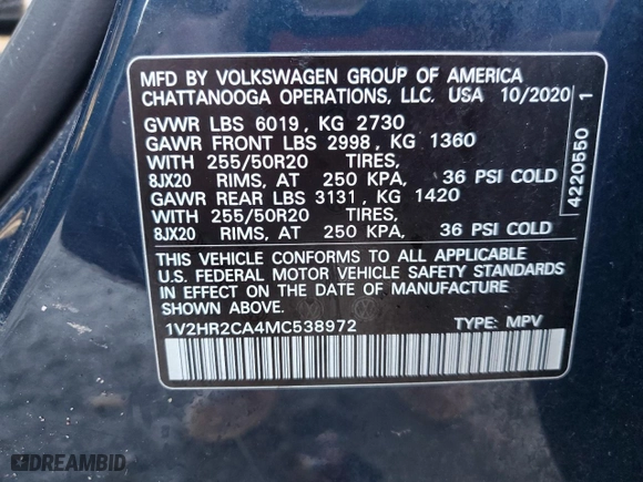 2021 Volkswagen Atlas 3.6L V6 SE w/Technology with VIN 1V2HR2CA4MC538972, listed as a Copart auction lot 47123685 with 333,333 mi miles and Clean Title. Bid and sale history available at carsss.com. Image 14.
