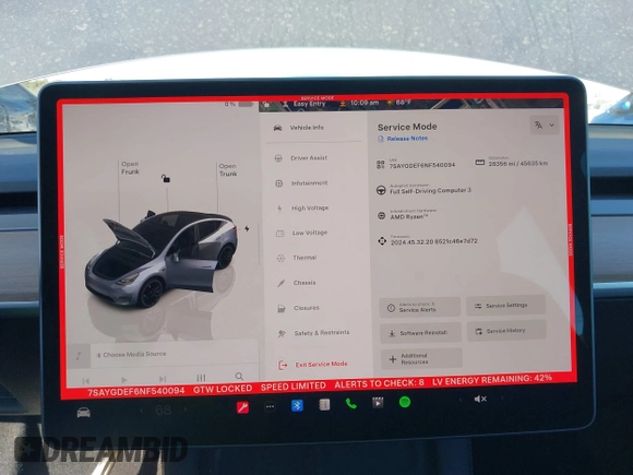 2022 Tesla Model Y Performance with VIN 7SAYGDEF6NF540094, listed as a IAAI auction lot 41786865 with 28,356 mi miles and . Bid and sale history available at DreamBid. Image 7.