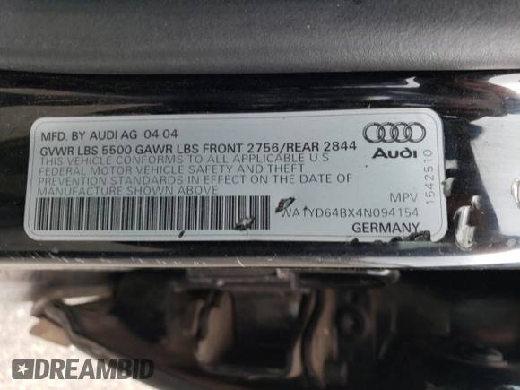 2004 Audi allroad A6 V8 with VIN WA1YD64BX4N094154, listed as a Copart auction lot 73637534 with 182,534 mi miles and Salvage Title. Bid and sale history available at DreamBid. Image 13.