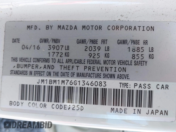 2016 Mazda 3 i Touring with VIN JM1BM1M76G1346083, listed as a IAAI auction lot 41751298 with 87,608 mi miles and . Bid and sale history available at DreamBid. Image 9.