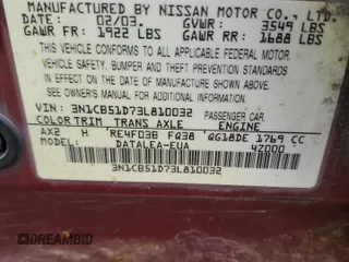 2003 Nissan Sentra XE z VIN 3N1CB51D73L810032, wystawiony jako Copart lot #51534045 z przebiegiem 170 969 mil mil oraz Szkoda całkowita • Salvage title. Historia ofert i sprzedaży dostępna na DreamBid. Obrazek 12.