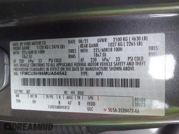 2021 Ford Escape SEL with VIN 1FMCU9H96MUA04542, listed as a IAAI auction lot 41827921 with 17,101 mi miles and . Bid and sale history available at DreamBid. Image 9.