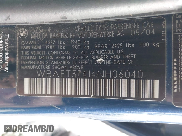 2004 BMW 3 Series 325i with VIN WBAET37414NH06040, listed as a IAAI auction lot 41793260 with 212,541 mi miles. Bid and sale history available at carsss.com. Image 9.