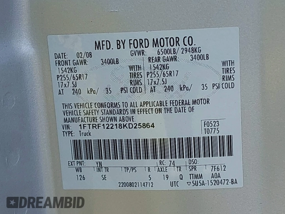 2008 Ford F-150 XL with VIN 1FTRF12218KD25864, listed as a IAAI auction lot 42401225 with 211,038 mi miles and . Bid and sale history available at DreamBid. Image 9.
