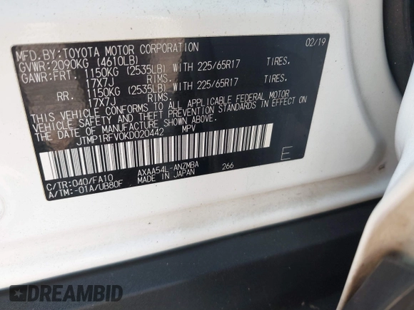 2019 Toyota RAV4 XLE with VIN JTMP1RFV0KD020442, listed as a IAAI auction lot 40108049 with 70,916 mi miles and . Bid and sale history available at DreamBid. Image 9.