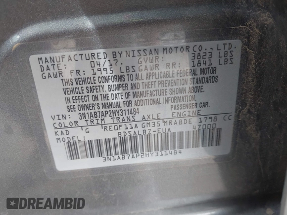2017 Nissan Sentra S with VIN 3N1AB7AP2HY311484, listed as a IAAI auction lot 42013955 with 64,413 mi miles and . Bid and sale history available at DreamBid. Image 9.