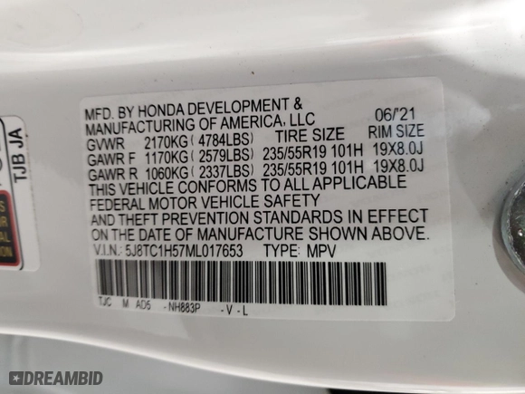 2021 Acura RDX w/Technology Package with VIN 5J8TC1H57ML017653, listed as a Copart auction lot 88155785 with 29,536 mi miles and Salvage Title. Bid and sale history available at carsss.com. Image 13.