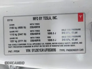 2018 Tesla Model 3 Long Range Battery z VIN 5YJ3E1EA1JF053895, wystawiony jako IAAI lot #42182178 z przebiegiem 75 356 mil mil oraz . Historia ofert i sprzedaży dostępna na DreamBid. Obrazek 9.