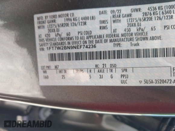 2022 Ford F-250 XL with VIN 1FT7W2BN9NEF74236, listed as a IAAI auction lot 42036455 with 35,875 mi miles and . Bid and sale history available at DreamBid. Image 9.