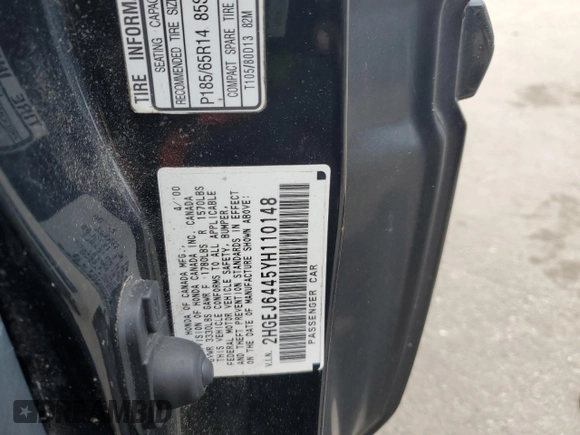 2000 Honda Civic DX z VIN 2HGEJ6445YH110148, wystawiony jako Copart lot #83769104 z przebiegiem 183 095 mil mil oraz Szkoda całkowita • Salvage title. Historia ofert i sprzedaży dostępna na DreamBid. Obrazek 12.