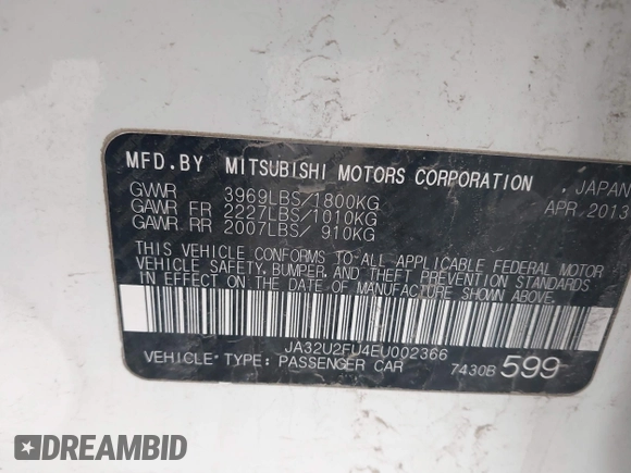 2014 Mitsubishi Lancer ES with VIN JA32U2FU4EU002366, listed as a IAAI auction lot 41942673 with 117,934 mi miles. Bid and sale history available at carsss.com. Image 9.