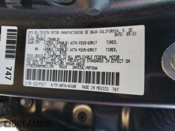 2021 Toyota Tacoma SR5 with VIN 3TMBZ5DN8MM031159, listed as a Copart auction lot 42495505 with 137,072 mi miles and Salvage title. Bid and sale history available at DreamBid. Image 12.