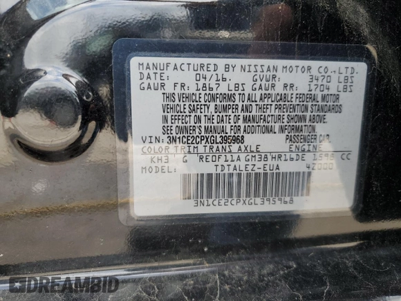 2016 Nissan Note S with VIN 3N1CE2CPXGL395968, listed as a Copart auction lot 58583725 with 144,252 mi miles and Salvage title. Bid and sale history available at DreamBid. Image 13.
