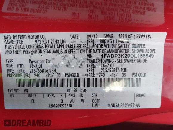 2013 Ford Focus SE with VIN 1FADP3K29DL158649, listed as a IAAI auction lot 42049823 with 172,662 mi miles. Bid and sale history available at carsss.com. Image 9.