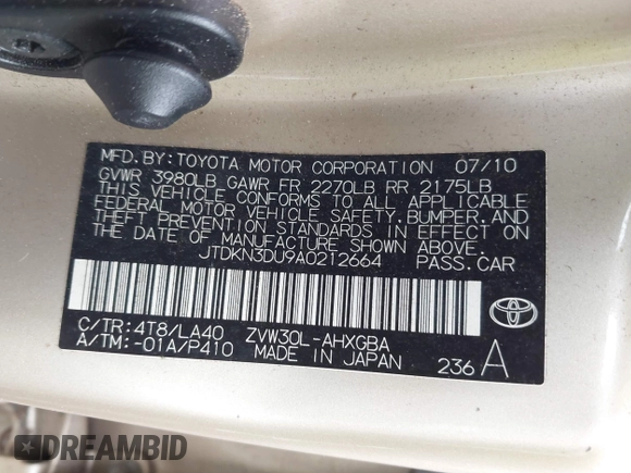 2010 Toyota Prius II with VIN JTDKN3DU9A0212664, listed as a IAAI auction lot 42183831 with 120,094 mi miles. Bid and sale history available at carsss.com. Image 9.