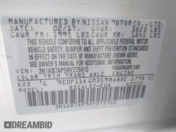 2017 Nissan Sentra SV with VIN 3N1AB7AP9HY275910, listed as a IAAI auction lot 42584825 with 48,889 mi miles and . Bid and sale history available at DreamBid. Image 9.