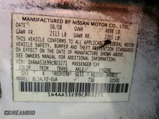 2009 Nissan Maxima 3.5 SV with VIN 1N4AA51E99C803271, listed as a Copart auction lot 53351425 with 192,256 mi miles and Clean Title. Bid and sale history available at carsss.com. Image 12.