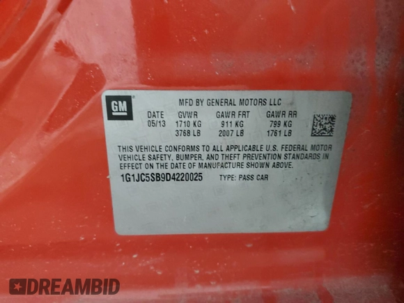2013 Chevrolet Sonic LT with VIN 1G1JC5SB9D4220025, listed as a Copart auction lot 49413435 with 96,320 mi miles and Salvage Title. Bid and sale history available at DreamBid. Image 12.