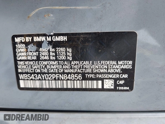 2023 BMW M3 Competition xDrive with VIN WBS43AY02PFN84856, listed as a IAAI auction lot 42264686 with 18,881 mi miles and . Bid and sale history available at DreamBid. Image 9.