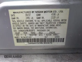 2008 Nissan Maxima SE z VIN 1N4BA41E98C800870, wystawiony jako IAAI lot #42438249 z przebiegiem Nie podano mil oraz . Historia ofert i sprzedaży dostępna na DreamBid. Obrazek 9.