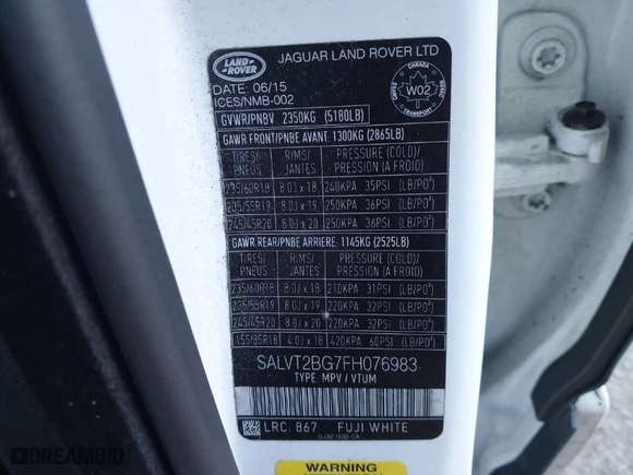 2015 Land Rover Range Rover Evoque Dynamic with VIN SALVT2BG7FH076983, listed as a IAAI auction lot 41377760 with 30,191 mi miles. Bid and sale history available at carsss.com. Image 9.