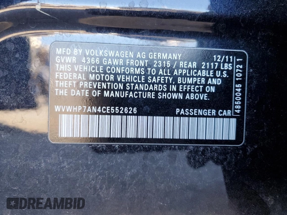 2012 Volkswagen CC Lux Plus z VIN WVWHP7AN4CE552626, wystawiony jako Copart lot #89023155 z przebiegiem 82 592 mil mil oraz Szkoda całkowita • Salvage title. Historia ofert i sprzedaży dostępna na DreamBid. Obrazek 13.