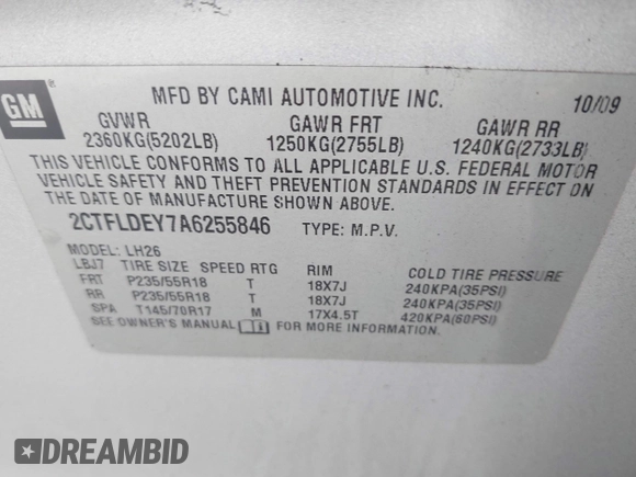 2010 GMC Terrain SLE-2 with VIN 2CTFLDEY7A6255846, listed as a IAAI auction lot 41653290 with 244,377 mi miles. Bid and sale history available at carsss.com. Image 9.