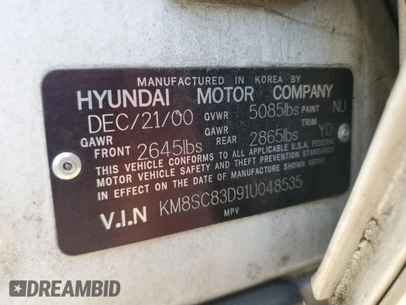 2001 Hyundai Santa Fe GLS with VIN KM8SC83D91U048535, listed as a Copart auction lot 85041184 with 218,621 mi miles and Salvage Title. Bid and sale history available at carsss.com. Image 13.