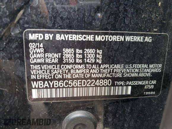 2014 BMW 7 Series 750i xDrive with VIN WBAYB6C56ED224880, listed as a Copart auction lot 72554084 with 115,146 mi miles and Salvage Title. Bid and sale history available at carsss.com. Image 14.