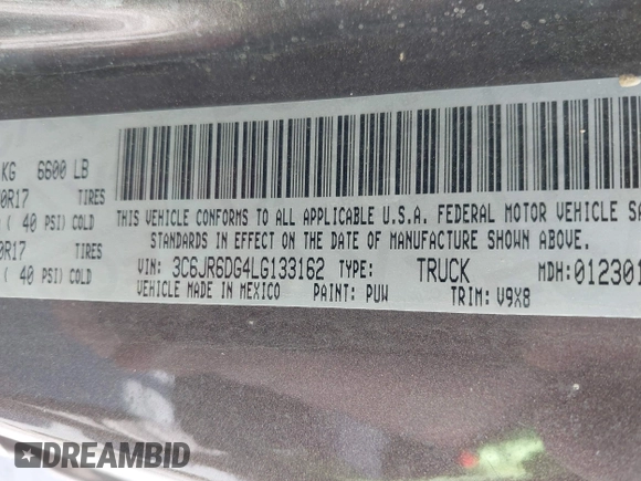 2020 Ram 1500 Tradesman with VIN 3C6JR6DG4LG133162, listed as a IAAI auction lot 42157040 with 84,737 mi miles and . Bid and sale history available at DreamBid. Image 9.