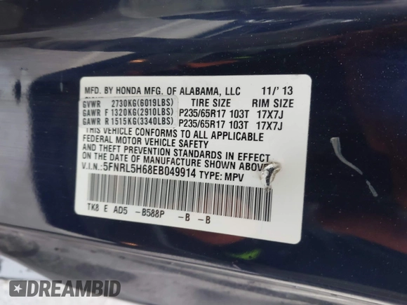 2014 Honda Odyssey EX-L with VIN 5FNRL5H68EB049914, listed as a IAAI auction lot 41986894 with 125,222 mi miles and . Bid and sale history available at carsss.com. Image 9.