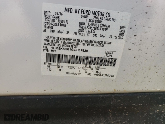 2016 Ford Explorer с VIN 1FM5K8B81GGD17820, выставлен на аукционе Copart как лот 57515005 с пробегом 58 329 миль миль и Списание • Salvage title. История ставок и продаж доступна на DreamBid. Изображение 13.