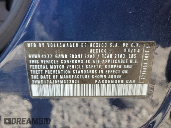 2014 Volkswagen Jetta SE with VIN 3VWD17AJ9EM323625, listed as a Copart auction lot 58211655 with 108,099 mi miles and Salvage title. Bid and sale history available at DreamBid. Image 12.